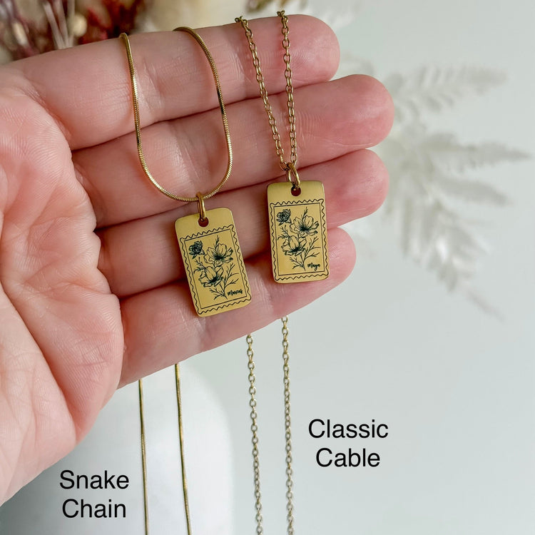 Personalized Postage Stamp Birth Flower Necklace