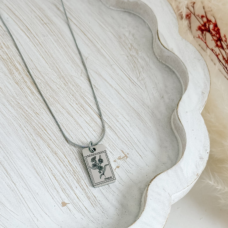 Personalized Postage Stamp Birth Flower Necklace