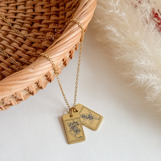 Personalized Postage Stamp Birth Flower Necklace
