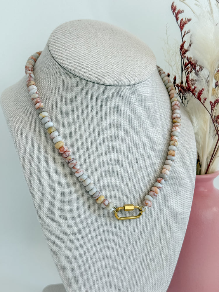 Stainless Steel Chunky Glass Bead Carabiner Necklace
