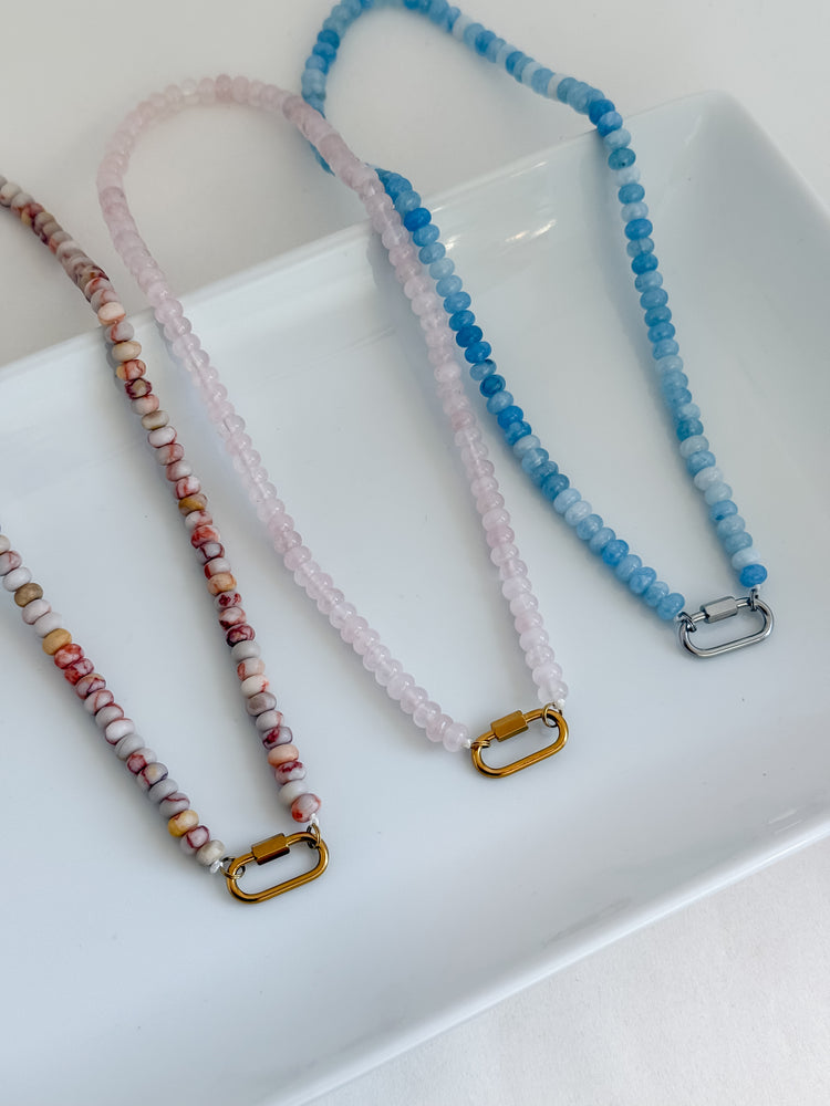 Stainless Steel Chunky Glass Bead Carabiner Necklace