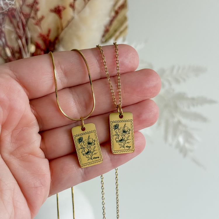 Personalized Postage Stamp Birth Flower Necklace